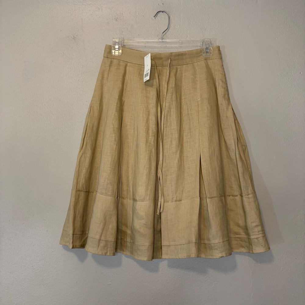 Banana Republic Womens 0 Tan 100% Linen Pleated A-Line Midi Skirt NWT